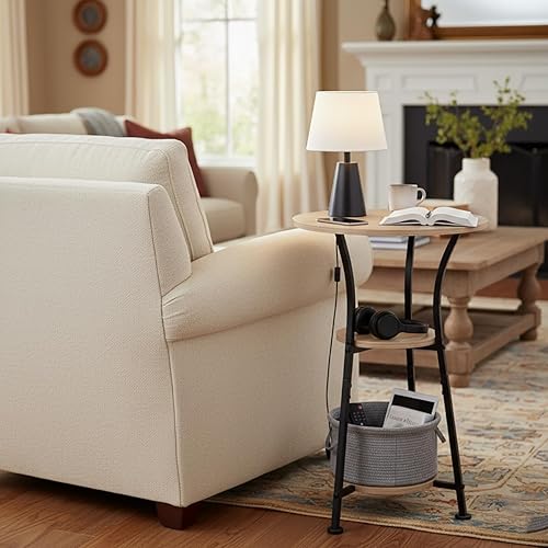 Miniatura 4 de Dulcii Mesa auxiliar redonda de 3 niveles con almacenamiento, mesa auxiliar industrial para sala de estar, mesita de noche de madera rústica y