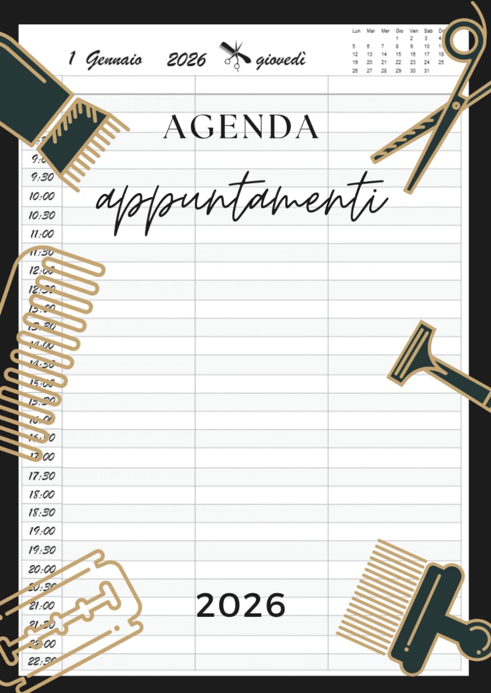 Agenda Appuntamenti 2026: Parrucchieri 2026 giornaliera, Intervalli di 30 minuti | Un giorno per pagina, 3 Colonne | 12 mesi da gennaio a dicembre 2026 A4.