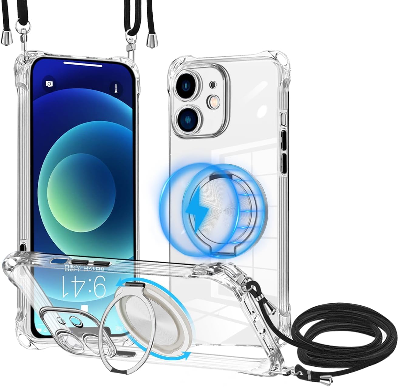 iPhone 12 mini 用 ケース クリア MagSafe対応 リング スタンド 360度回転できる ワイヤレス充電 ネック ショルダー あいほん 12mini カバー 肩掛け 首掛け 斜めがけ 紐付き 韓国 耐衝撃 米軍MIL規格取得 スタンド機能 縦横両対応 落下防止 透明 TPU 薄型 軽量 黄変なしスタンド機能車載対応 アイフォン 12mini スマホケース