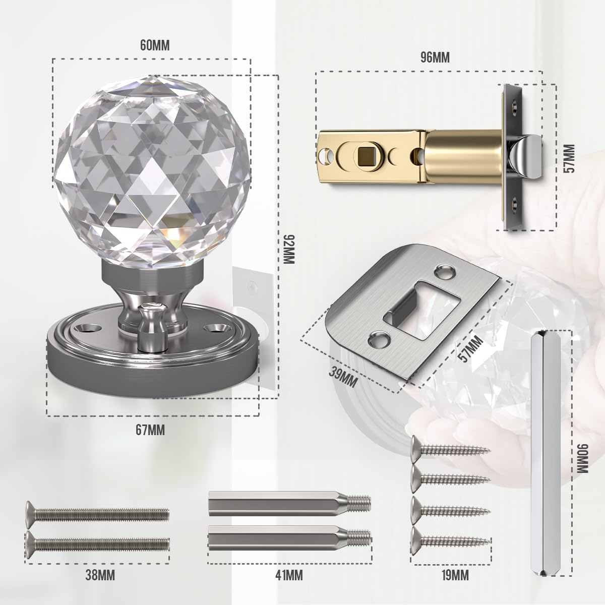 Bwintech 1 Paar Massivkristall-Türgriffe aus gebürstetem Nickel, 65mm Palace Style-Kristall-Türgriffe für den Innenbereich mit Verriegelung und DIY-Schraubensatz für Badezimmer, Schlafzimmer, Flur