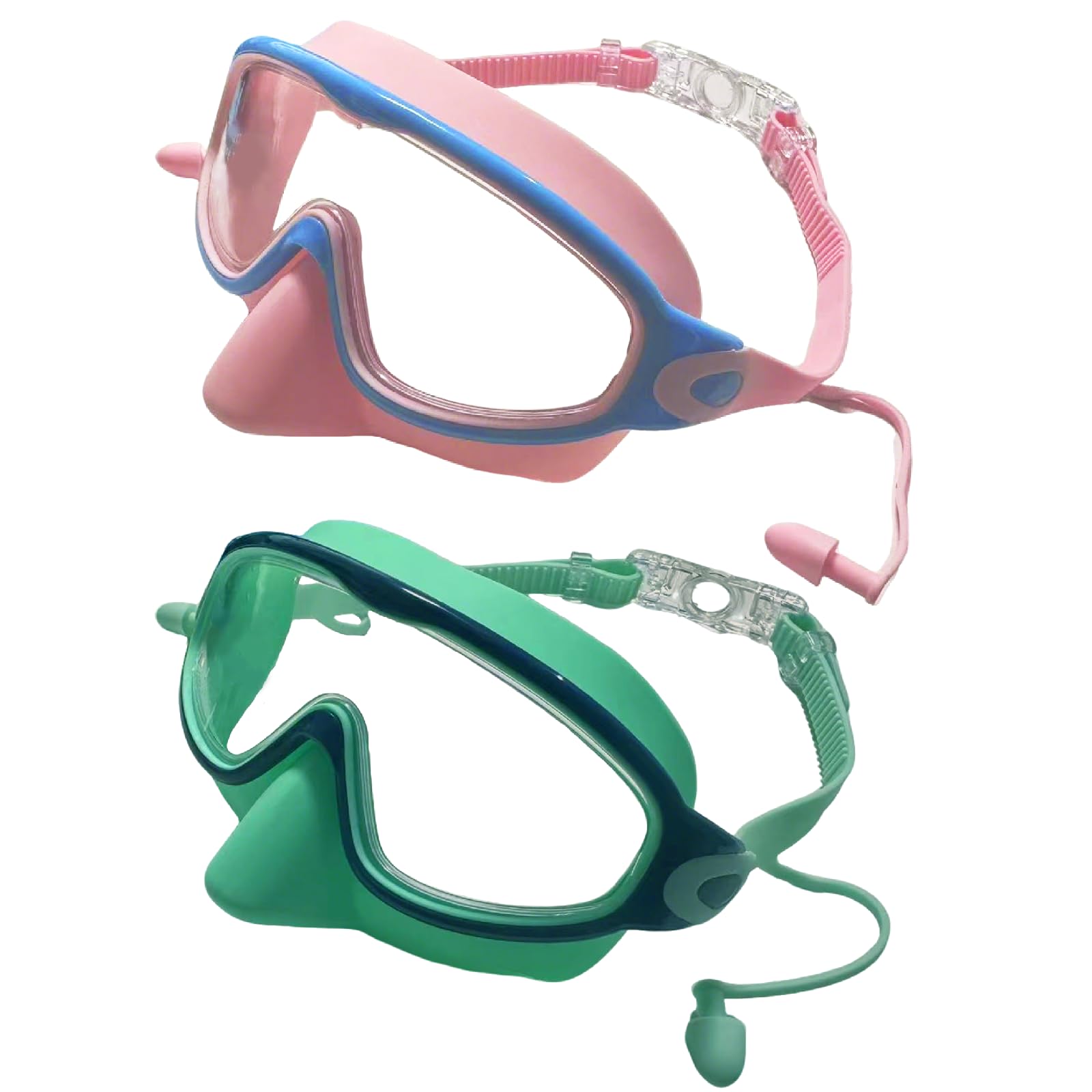 MKEOIEAU 2PCS Kids Swimming Goggles with Nose Cover, Wide View Adjustable Anti-Fog UV Protection Swim Goggle for 3-15 Boys Girls Youth
