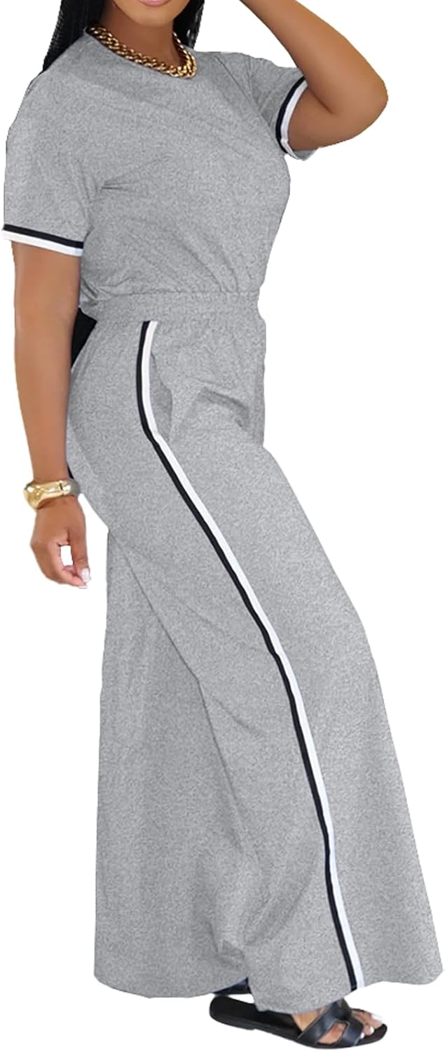 Ulovmi Womens 2 Piece Outfits Short Sleeve Top Wide Leg Pants Tracksuit Casual Lounge Sets - Image 3