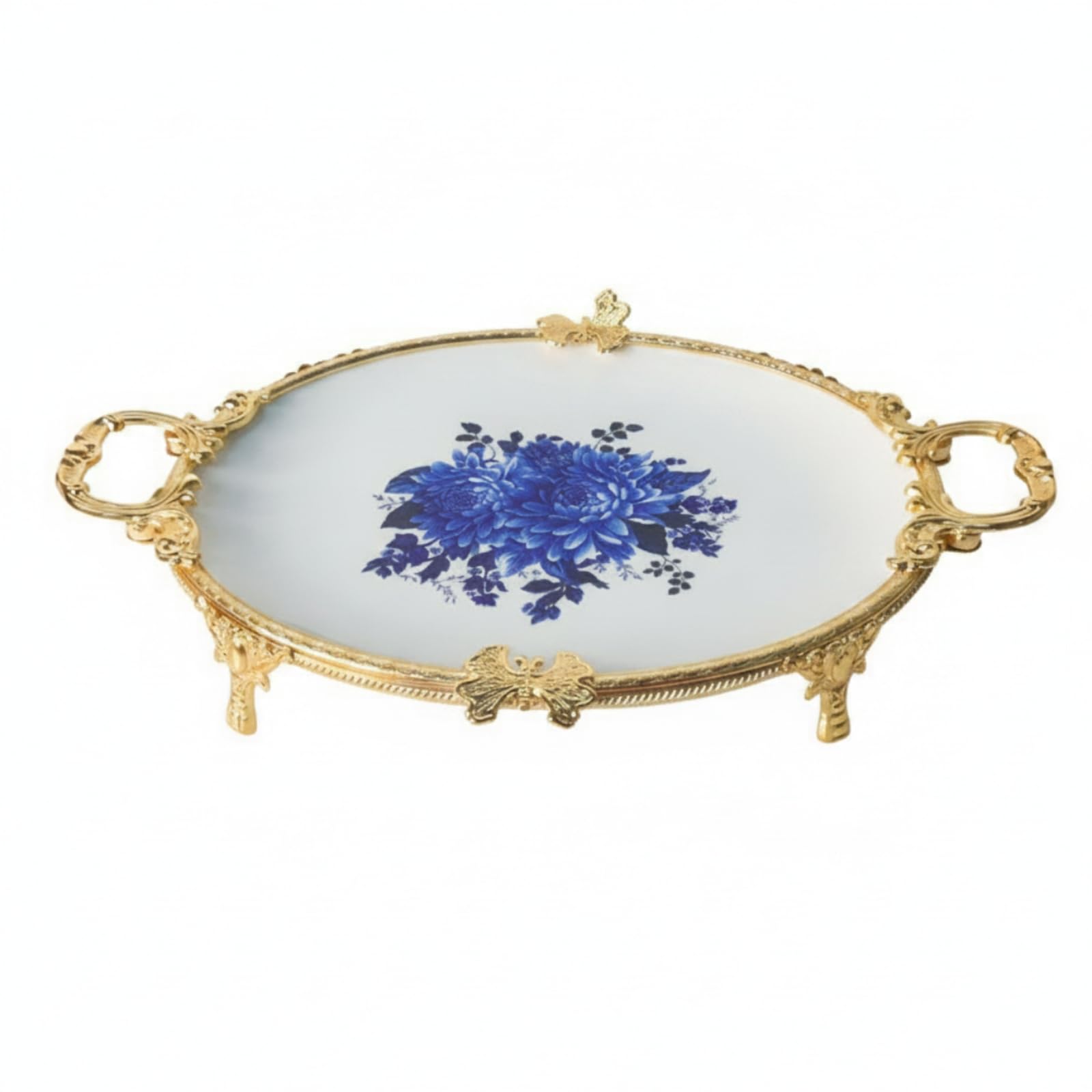 Piatto Industriale Vassoio Ceramica Vassoio Portata Vassoio Ovale Alzata Decorativa con Struttura Farfalle Maniglie, Oro, Ovale 45 Cm, Oro con Motivo Floreale Blu