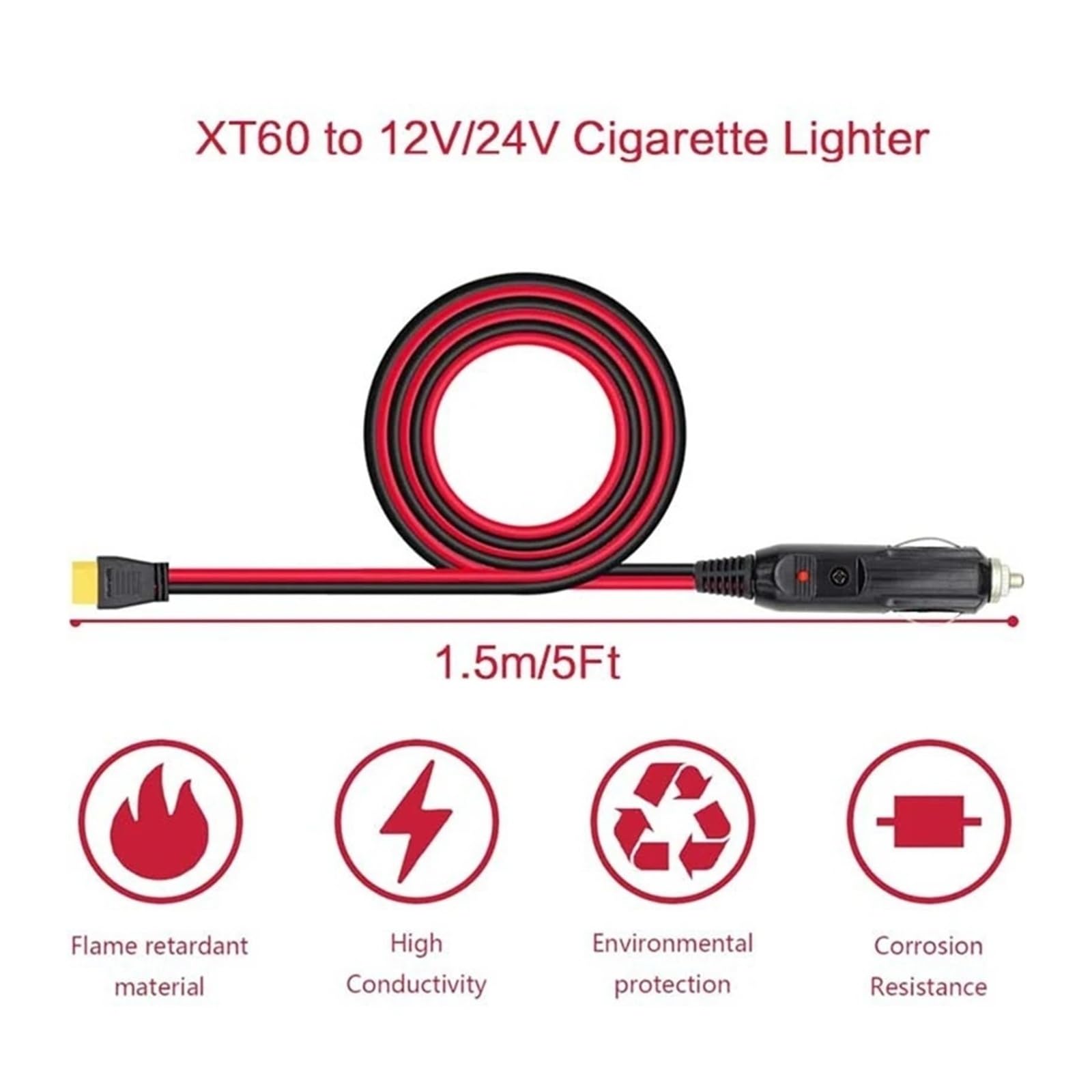 Cigarette Lighter to XT60 kabel do ładowania 12 V/24 V do EcoFlow Bluetti Anker ALLPOWERS Power Station 14AWG