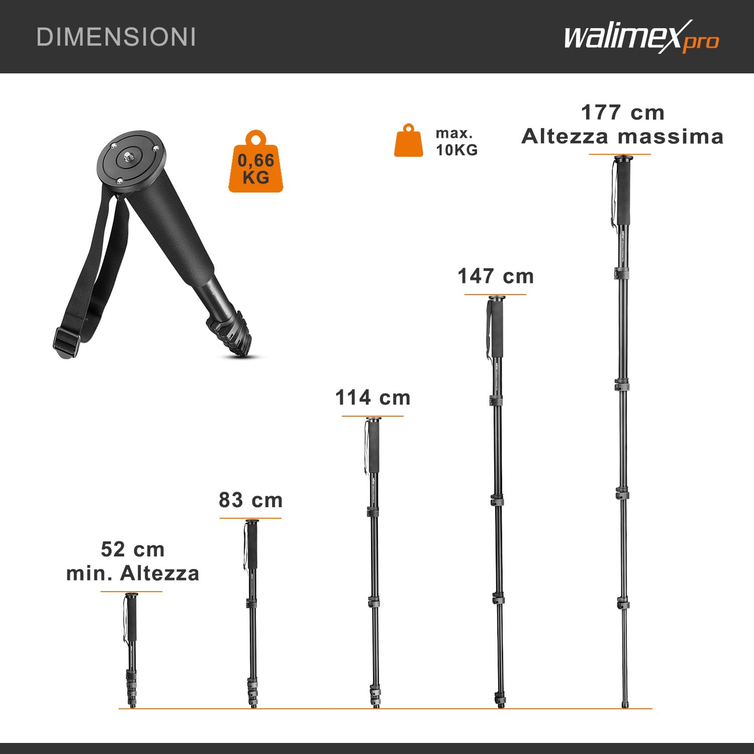 Walimex monopiede in alluminio FT-1502 (altezza massima 177 cm, incl. tracolla e borsa per il trasporto)