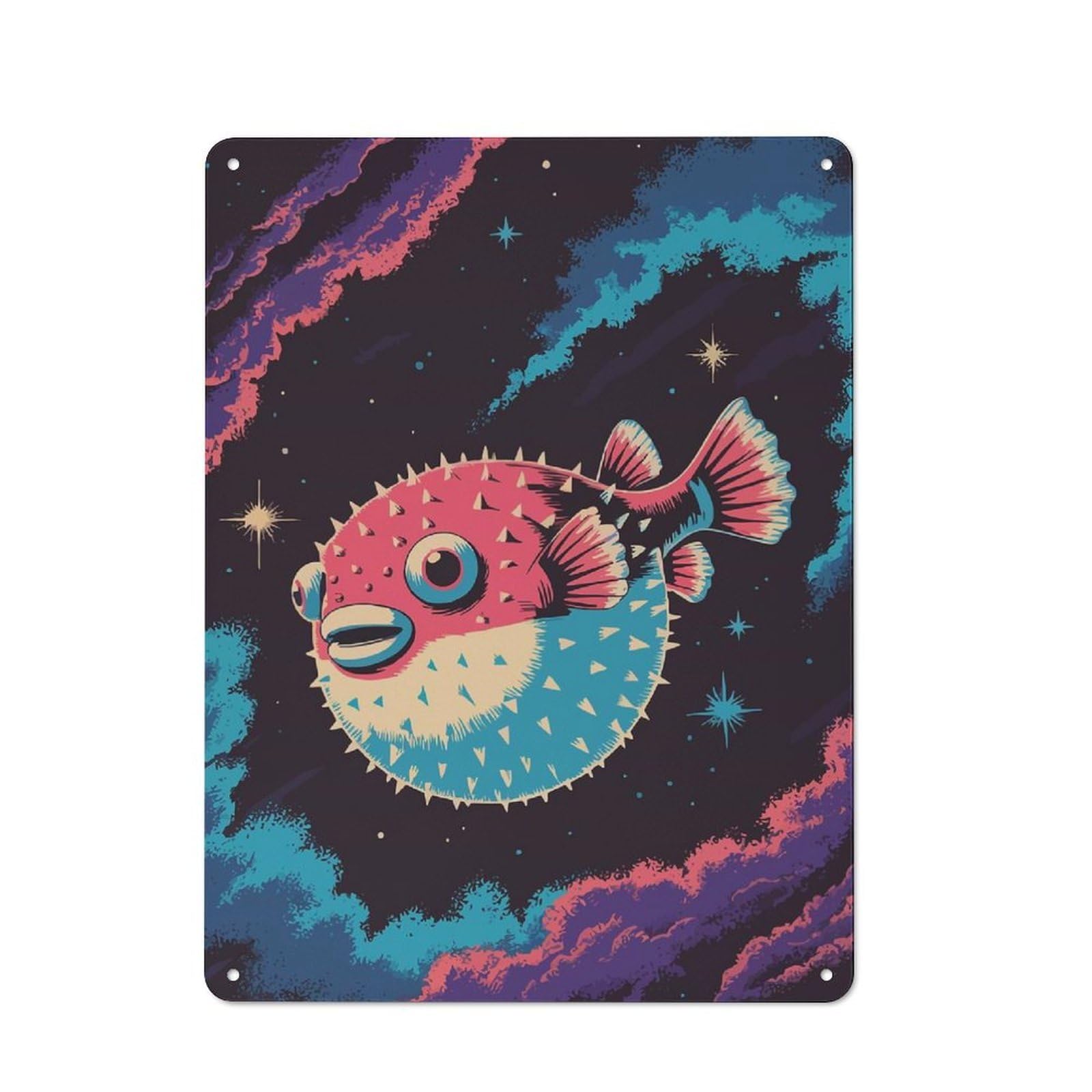 Junmoney Pufferfish In Space Office Metal Sign With Design 40X30cm, Classic Studio Wall Plaque For Home Office, Reading Corner Or Bedroom
