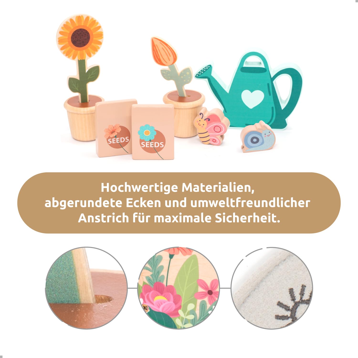 umu® Garten-Set aus Holz für Kinder mit Zubehör - Gartenspielzeug für Kinder, Gartengeräte-Set für Mädchen und Jungen, Gießkanne, Schaufel, Harke - Lernspielzeug ab 2 3 4 5 6 Jahren