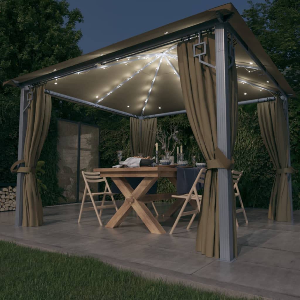Pawilon z zasłonami i łańcuchem świetlnym LED, 300 x 300 cm, kolor taupe, aluminium, stal, namiot ogrodowy z ochroną przed słońcem i deszczem, na imprezę w ogrodzie, taras, uroczystości, grillowanie