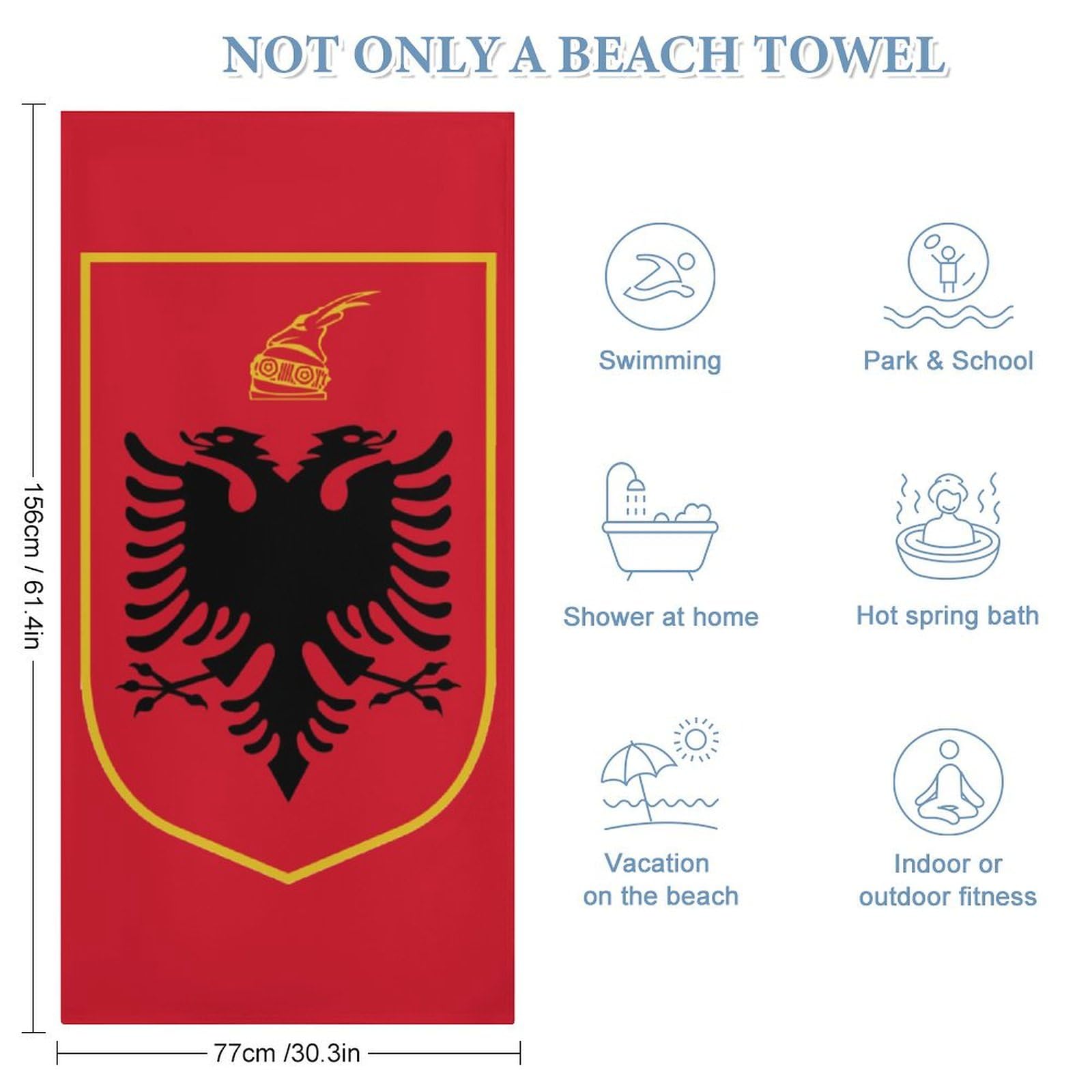 Asciugamano Da Spiaggia In Microfibra Morbido Ad Asciugatura Rapida Per Piscina Bagno Leggero Da Viaggio Con Bandiera E Stemma Della Repubblica D'Albania Per Donne E Uomini 90×180Cm