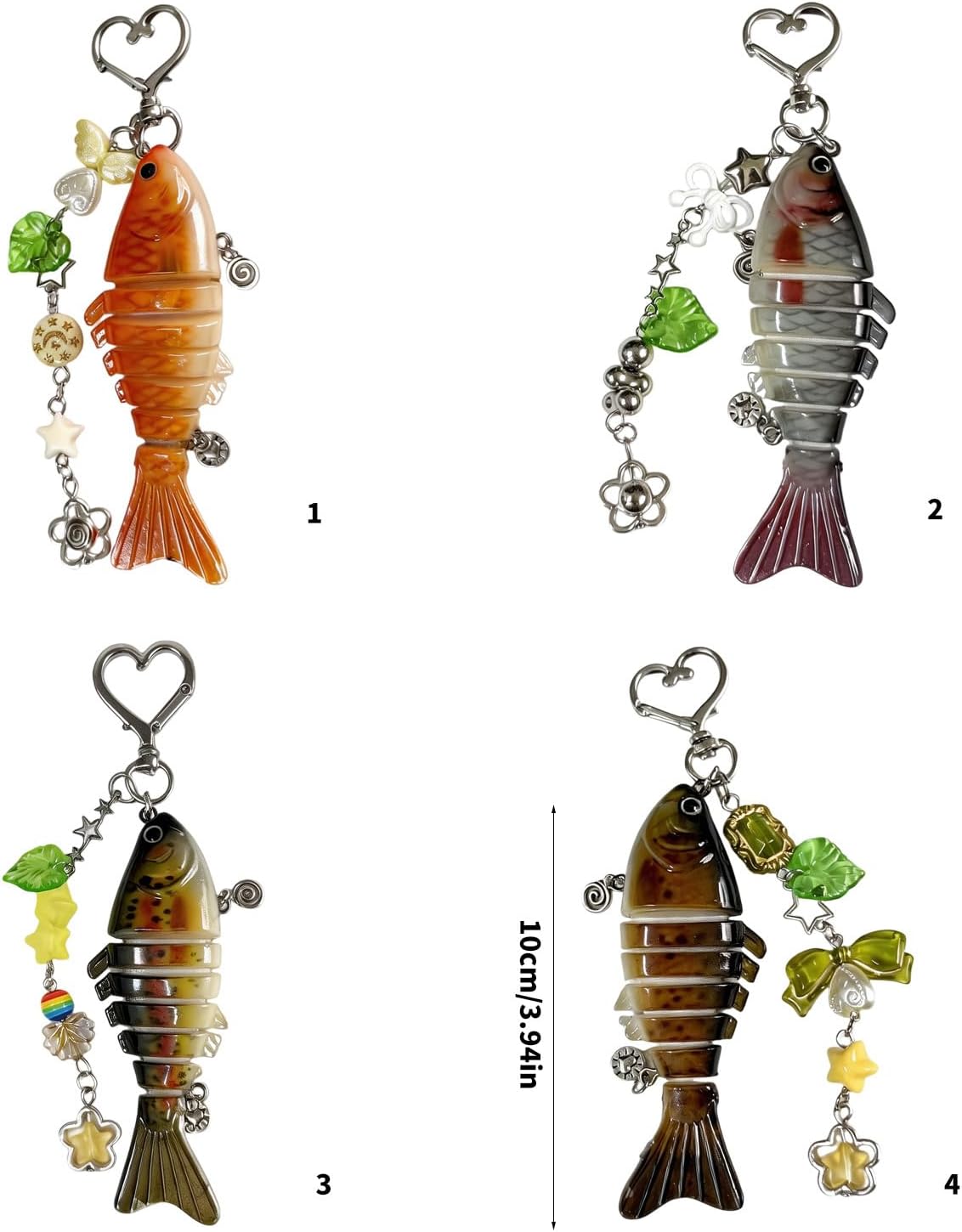 Fish Keychain Bag Charm Jointed Fish Pendant with Heart Clasp for Keys Backpacks and Phone Decoration(pattern 1) image 2