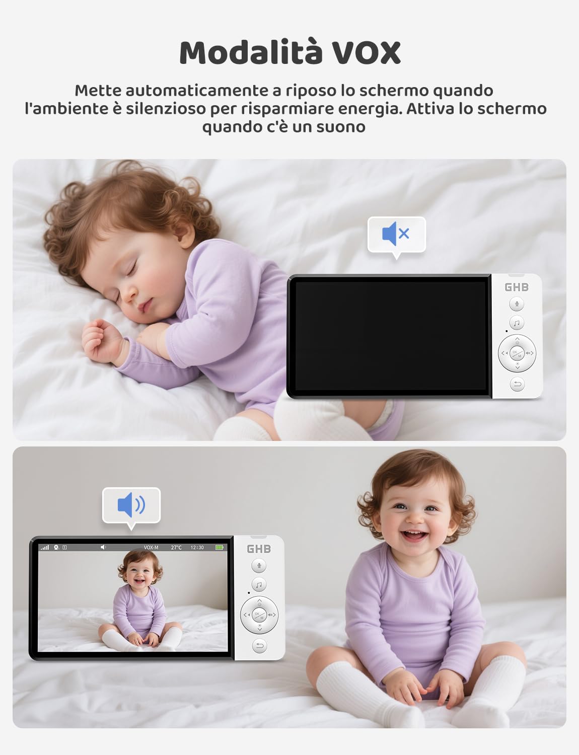 GHB Baby Monitor Video e Audio 5" 720P HD 5000mAh IPS Schermo, Telecamera Bambini con Monitor Visione Notturna Rilevamento della Temperatura Ninne Nanne Integrate