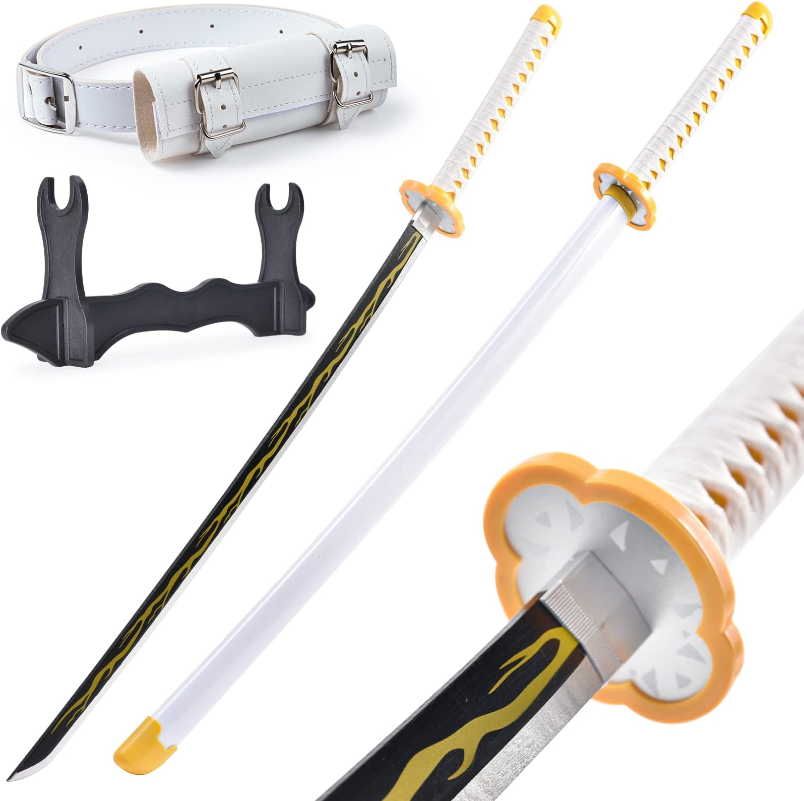 Demon Slayer Sword 41inch,with Display Stand and Belt, Rengoku Sword/Tanjiro Sword/Zenitsu Sword/Anime Original Texture,for Demon Slayer Cosplay and Collection,Various Styles Available