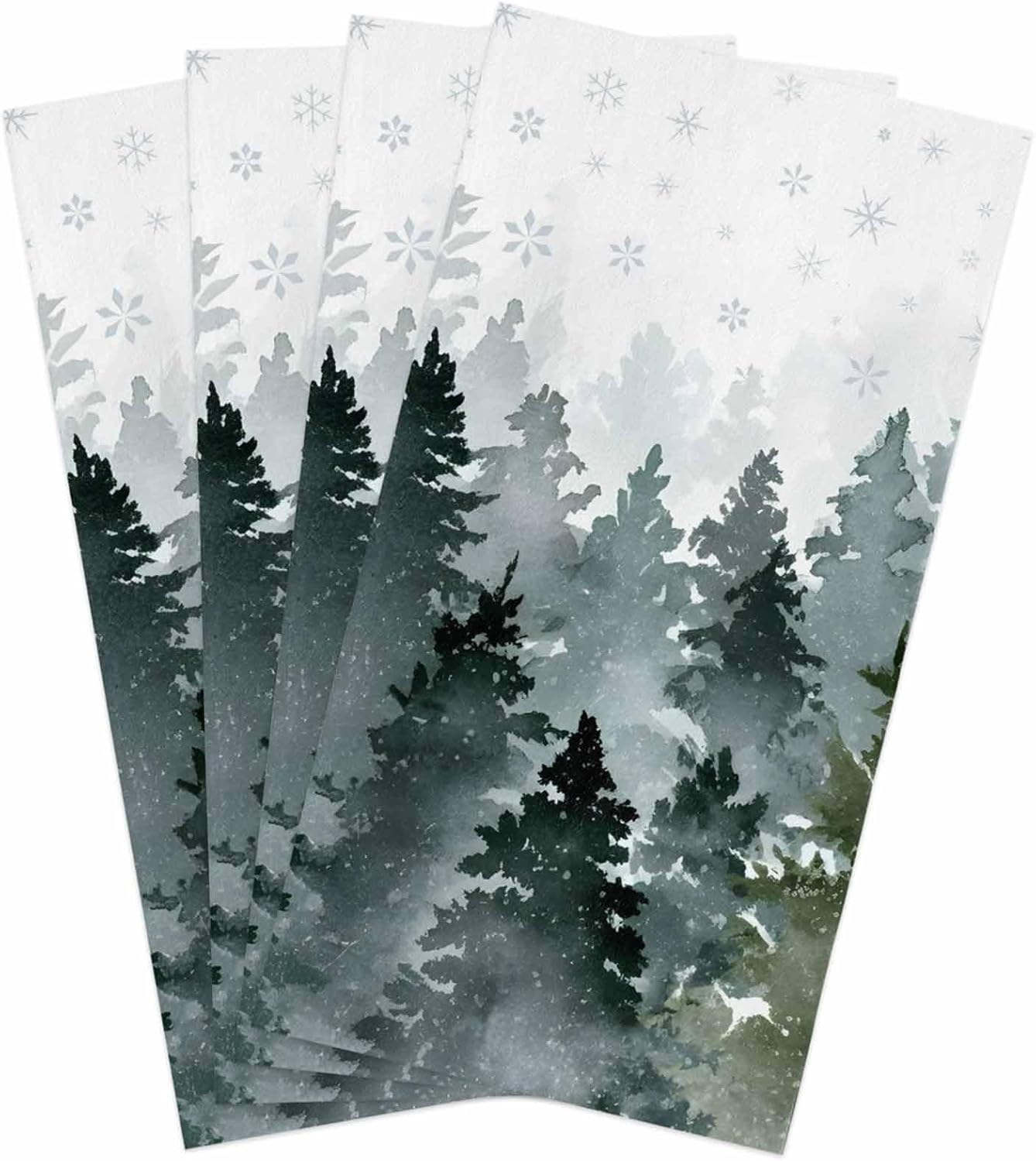 Christmas Kitchen Towels Set of 4 Green Pine Tree Dish Towels and Dishcloths Sets Tea Towel Snowy Forest Winter Snowflake Absorbent Hand Towels for Kitchen Bathroom Drying Cleaning Xmas Holiday Decor