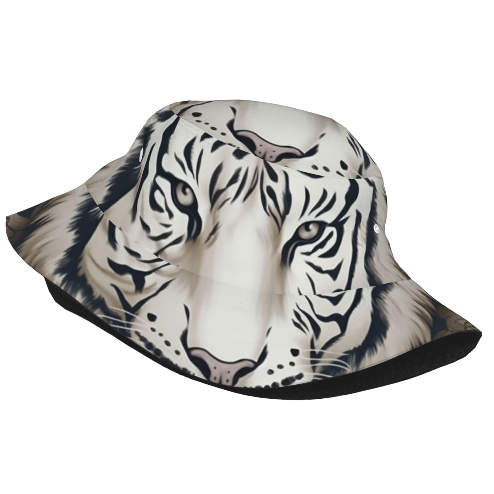 Unisex Cute Bucket Hat Summer Travel Fisherman Cap White Tiger Head Pattern Beach Travel Sun Hat Outdoor Cap