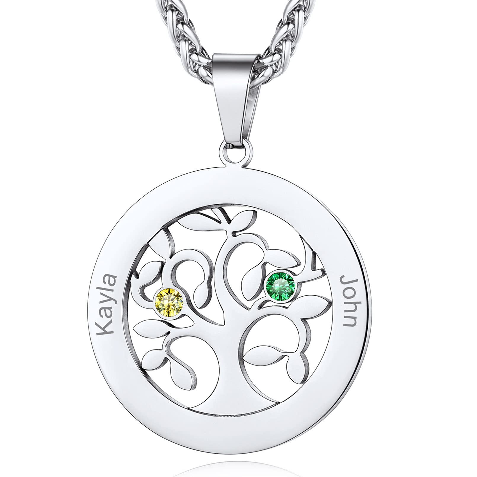 Custom4U Personalized 1-7 Birthstone Necklace forWomen Name Engraved | Sterling Silver & Stainless Steel Heart & Round Pendants Family Tree of Life
