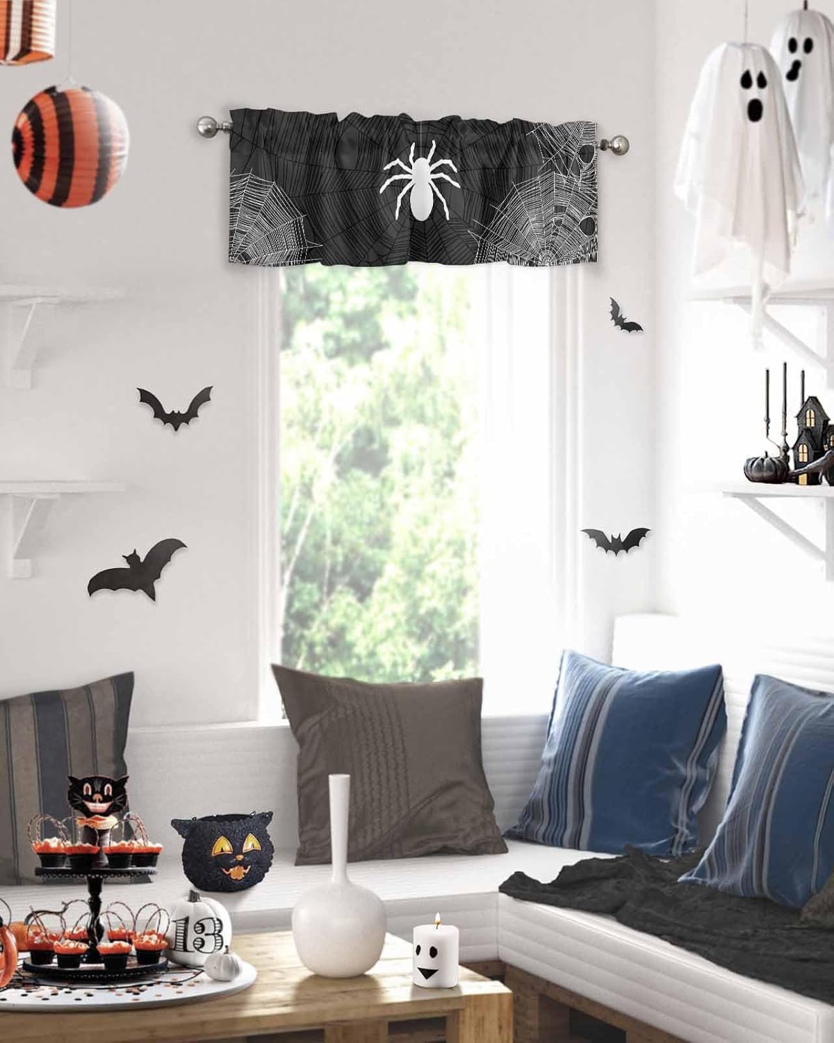 Kitchen Cafe Valance Curtain for Small Windows,Halloween Spiders Spiderweb Texture Rod Pocket Short Blackout Curtains,Black White Darkening Window Treatment for Living Room Bedroom Bathroom