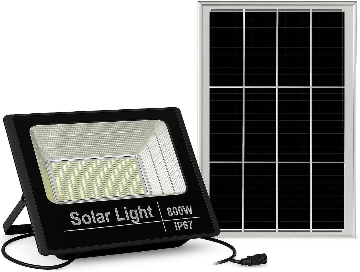 Faro a LED 800W con Pannello Solare IP66, Sensore Crepuscolare e Telecomando | SMD Ultra Luminoso da Esterno | [Classe di efficienza energetica A+++]