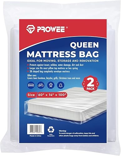 Miniatura 1 de PROWEE Paquete de 2 bolsas de colchón de tamaño Queen, bolsa de almacenamiento de colchón transparente, bolsa de eliminación de colchón, funda de