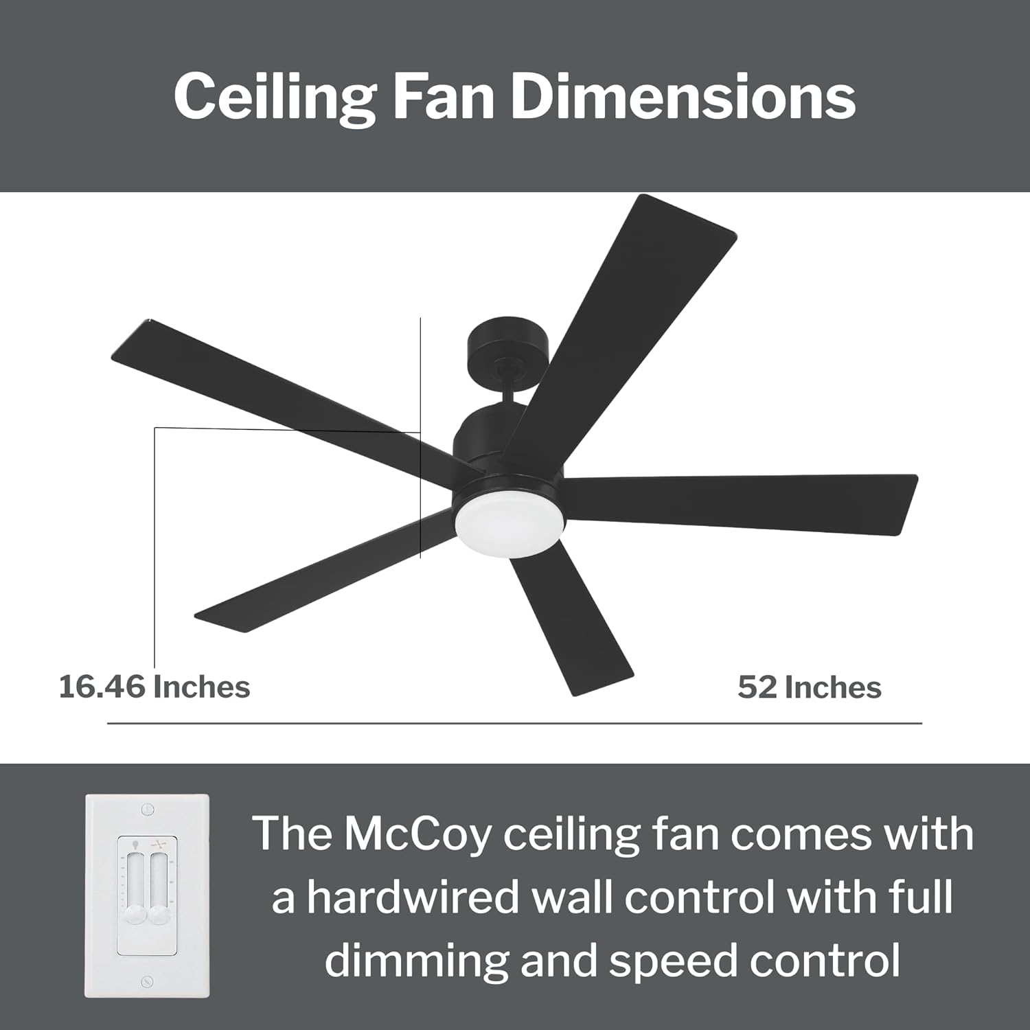 Craftmade McCoy 52" Indoor Ceiling Fan | 5-Blade Flat Black | Integrated 18W Dimmable 3000K LED Light | Hardwired Wall Control, 4-Speed Reversible Motor | Rated for Indoors Only