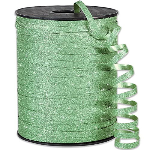 Image of PartyWoo Green Ribbon, 500 Yard, Sage Green Curling String Balloon Thin Gift Glitter Ribbon for Gift Wrapping Balloons Presents Floral Graduation Christmas Birthday Wedding Party Decorations (1 Roll)