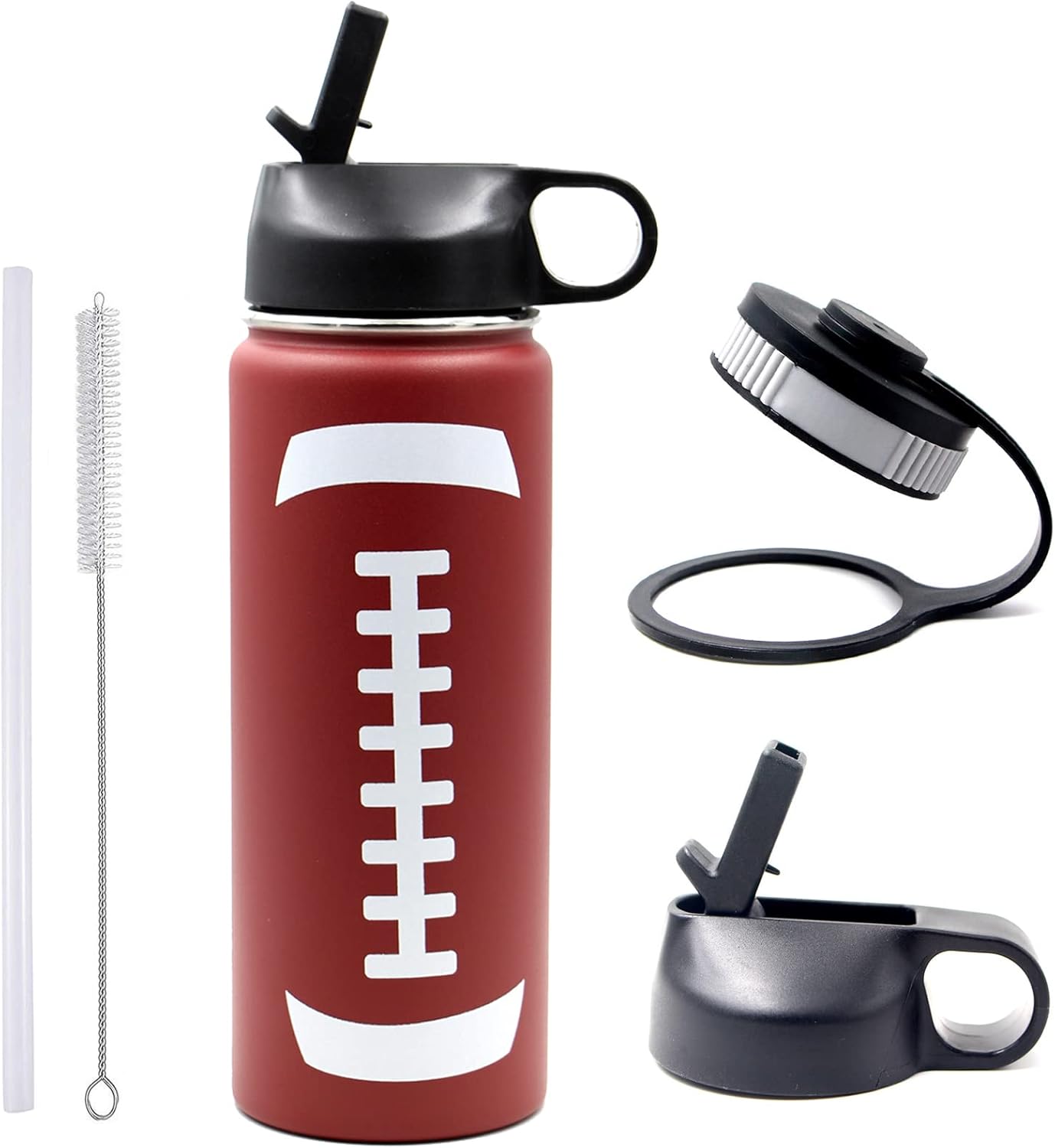 18 oz Football Water Bottle with Straw, Sports Flask Metal Travel Tumbler with 2 Lids, Stainless Steel Double Wall Vacuum Insulated Leak Proof Thermo Water Bottles, Football Gear Gifts for Boys Girls