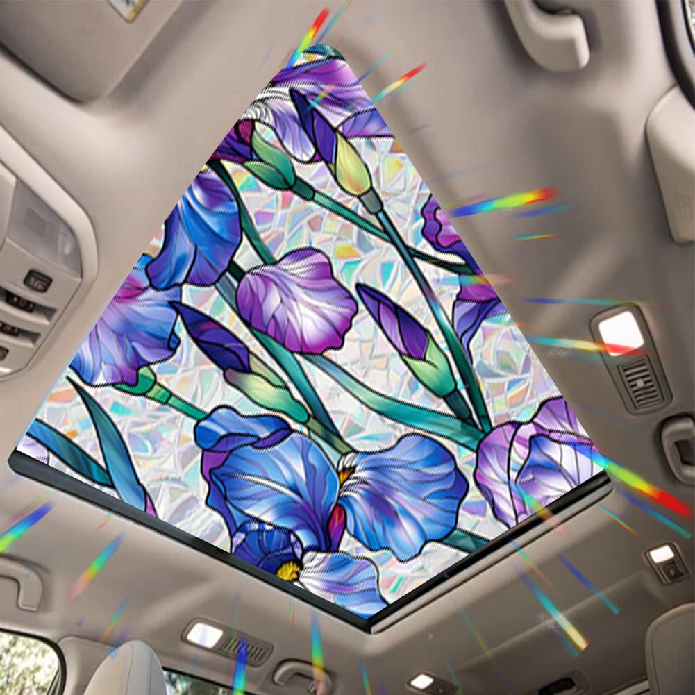 JOONOR Purple Iris Flowers Sunroof Film Floral Rainbow Effect Static Clings Window Privacy Film Sun Protection Stained Glass Decals for Car Moonroof &amp; Side Windows, 17.72 x 35.43 Inch