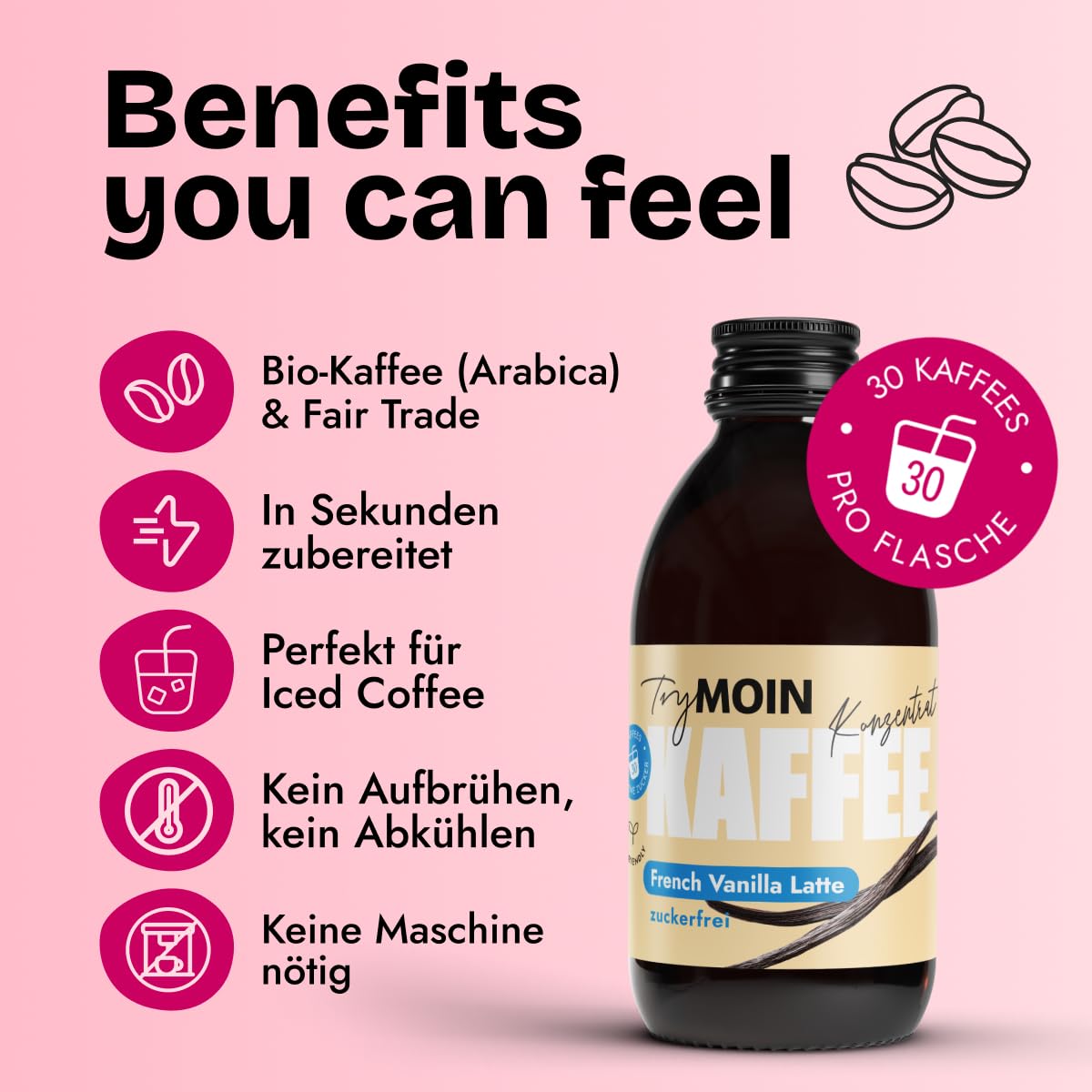 TryMOIN Vanilla Latte – zuckerfrei – Kaffeekonzentrat mit zuckerfreiem Vanille-Sirup für Iced Coffee, Cappuccino, Frappé & Latte | 30 Portionen pro Flasche