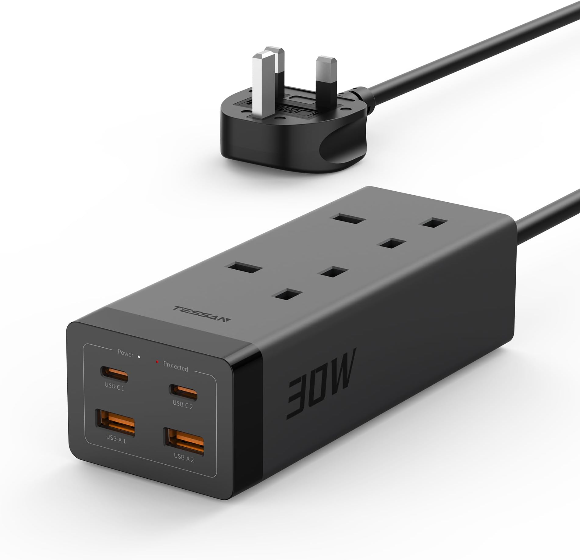 TESSAN Extension Lead with 4 USB Slots, 30W USB C Fast Charge, 2 Way Multi Plug Extension with Surge Protection, 2M Extension Cable, 3250W Multiplug Power Strip for Home, Office, School Supplies