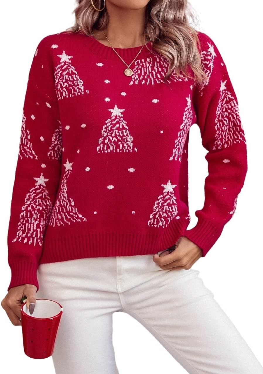 ESENTL Women's Sweater Christmas Pattern Drop Shoulder Sweater Sweater for Women (Color : Red, Size : Medium)