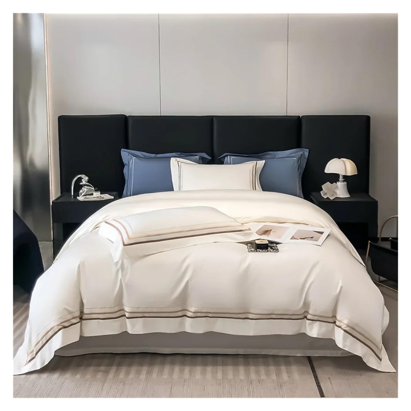 ZXGRfdefa Bedding Set, 100% Egyptian Cotton Bedding Cover Sets,Lines European Embroidery 600TC Duvet Set Queen King Size Bedlinens(Bianco,Queen)