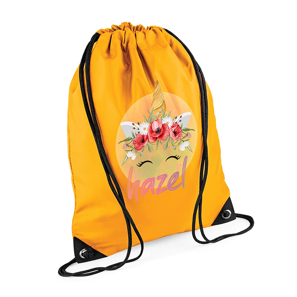 Personalised Unicorn Magicaly Stars Crown Castle Floral Girl ANY NAME Kids Birthda Back To School Drawstring Bag, PE Gym Kit, Swimming Rucksack. (Gold)