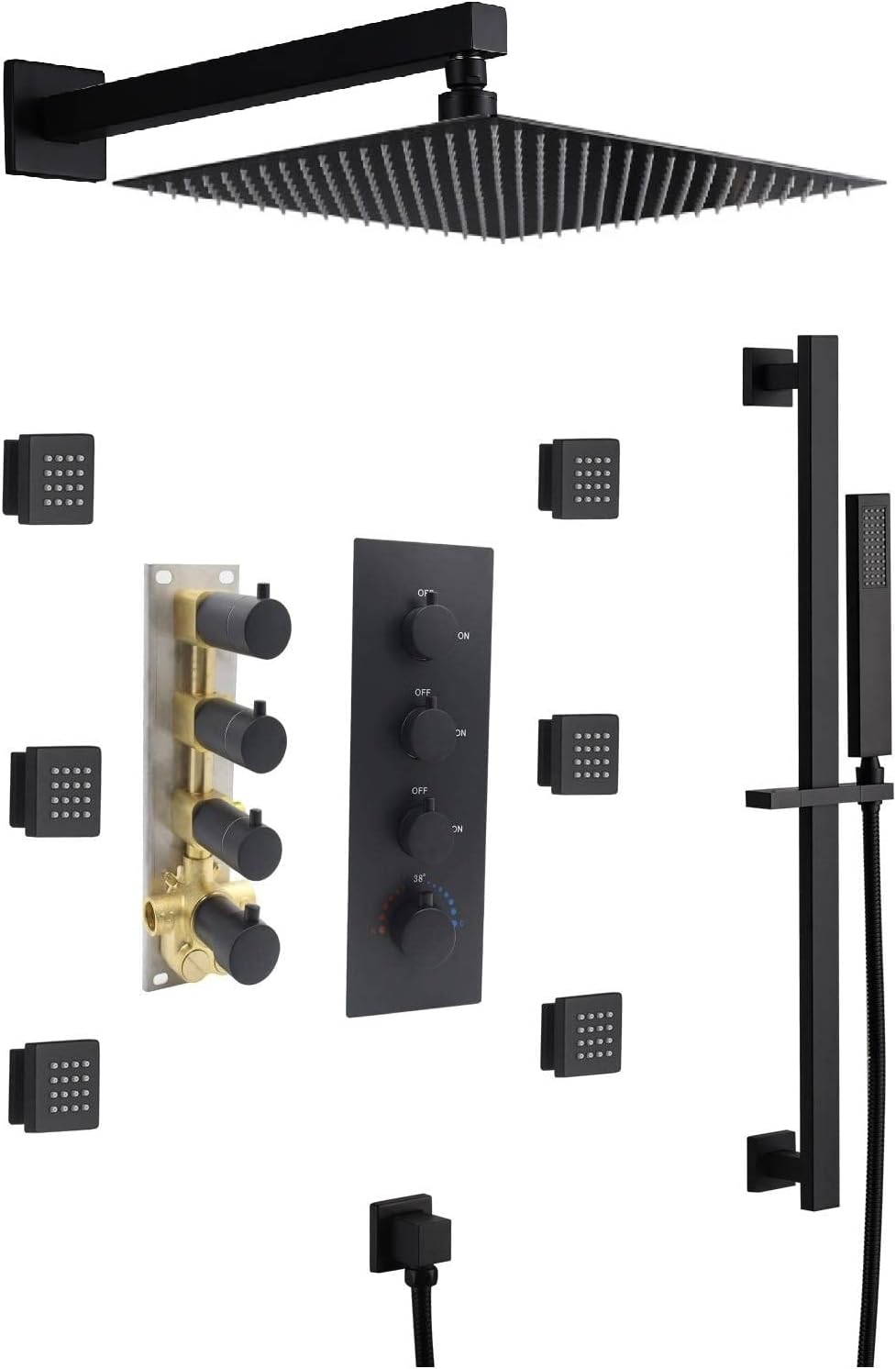 Matte Black Wall Mounted 16 Inch Rainfall Shower Head 3 Way Thermostatic Shower Faucet with Sliding Bar and 6 Body Jets Each Function Work All Together and Separately