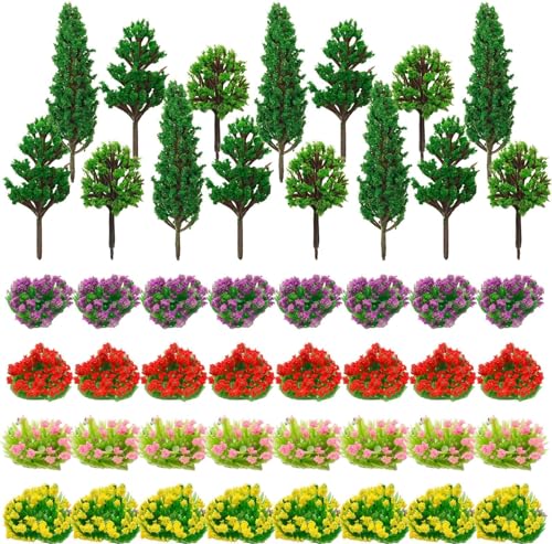 Warmtree 47 Pcs Model Trees and Flowers - 32 Colorful Flower Clusters, 15 Mixed Trees for Miniature Fairy Garden, Train Landscape, Military Layout, and Dioramas