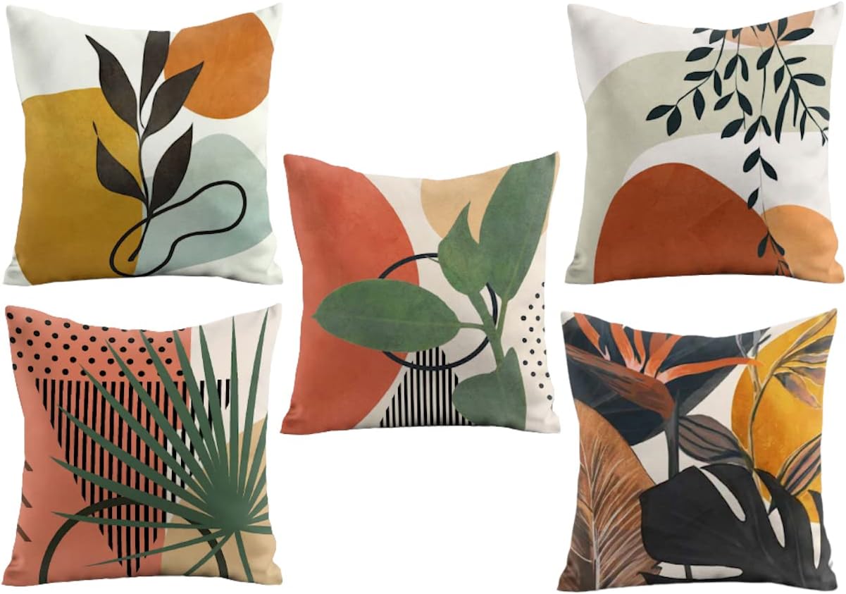 Yellow Shine MART Leave Design Printed Modern Homes Decorative Cushion Covers Set of 5 Pcs,30x30cm (12x12inch)-Polyester, Light Weight, Soft, Pillow Case for Bedroom, Living Room, House & Hotel
