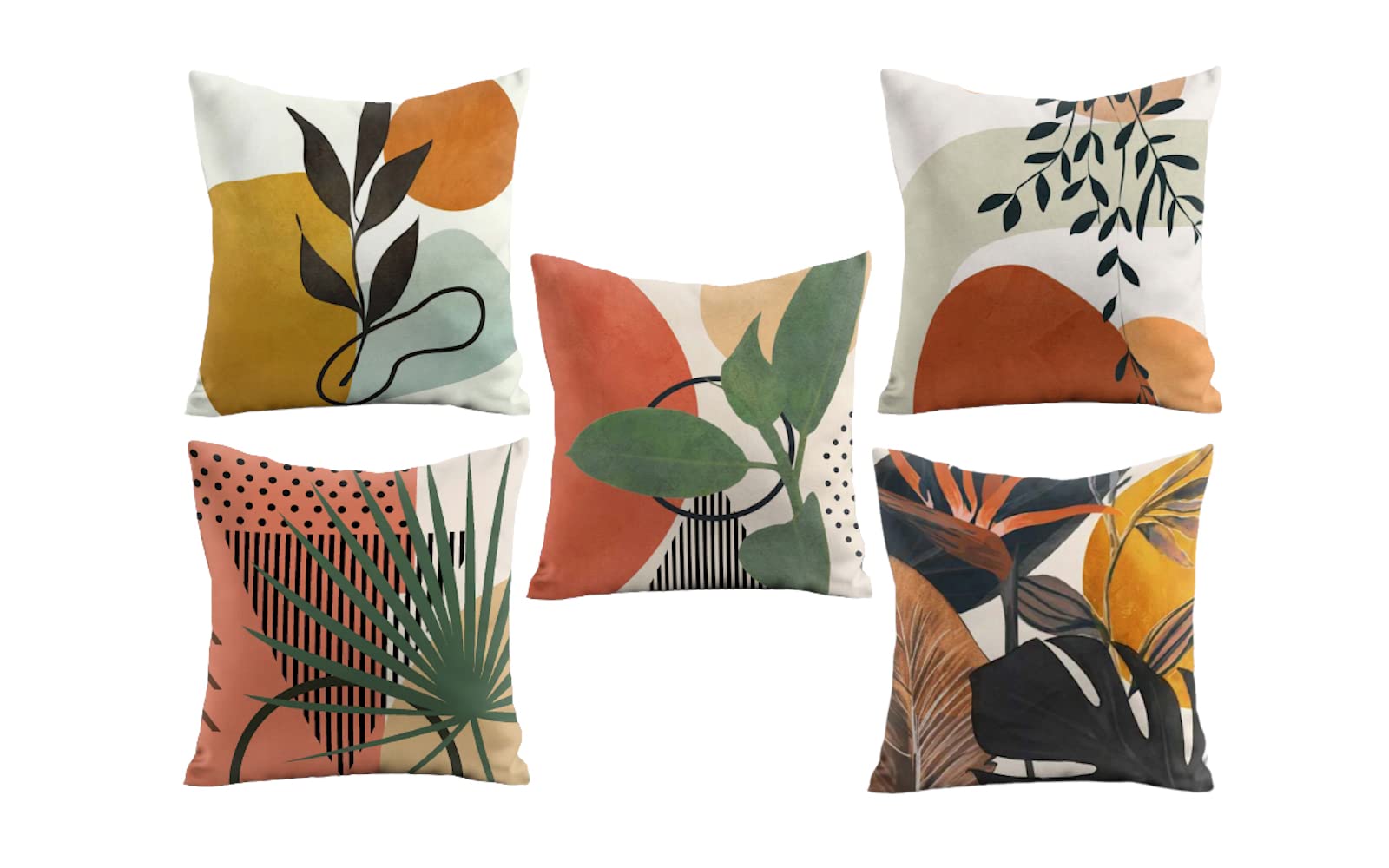 Yellow Shine MART Leave Design Printed Modern Homes Decorative Cushion Covers Set of 5 Pcs,30x30cm (12x12inch)-Polyester, Light Weight, Soft, Pillow Case for Bedroom, Living Room, House & Hotel