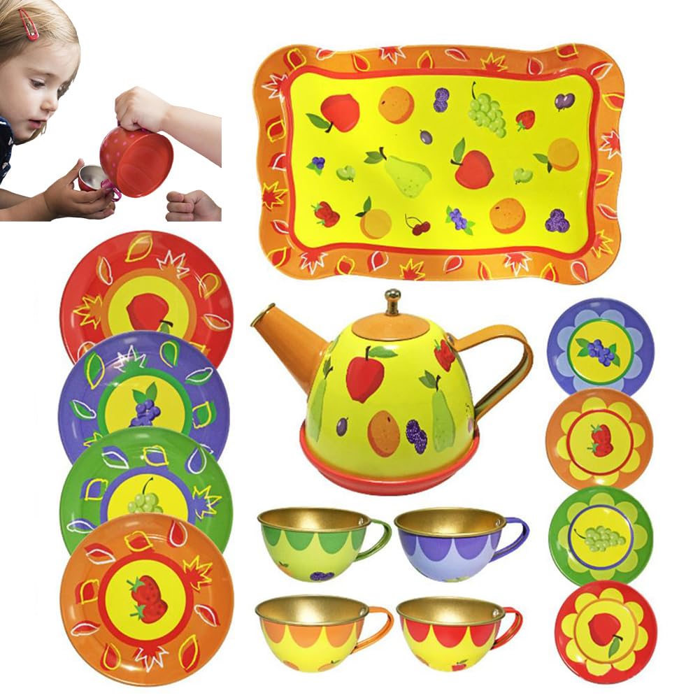 Kids Tea Set,14Pcs Metal Tea Party Set for Girls & Boys,Pretend Play Kitchen Accessories with Teapot,Tray,4Teacups,4 Plates and 4 Saucers,Safe & Durable Gift