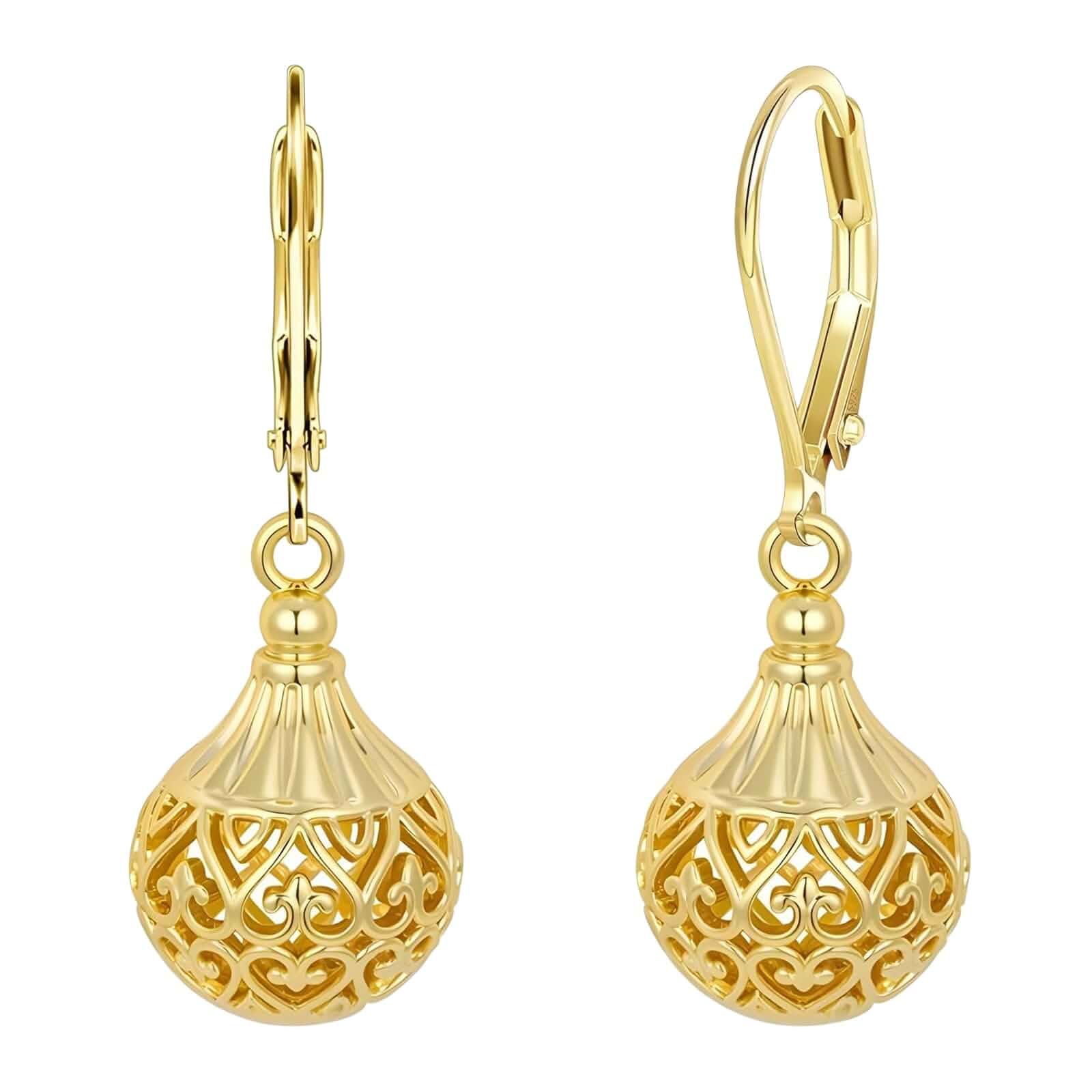 Gold Dangle Earrings Leverback Ball Filigree Vintage Drop Earrings Women Intricate geometric cutout charms with secure clasps; chic aesthetic dangly studs for everyday styling