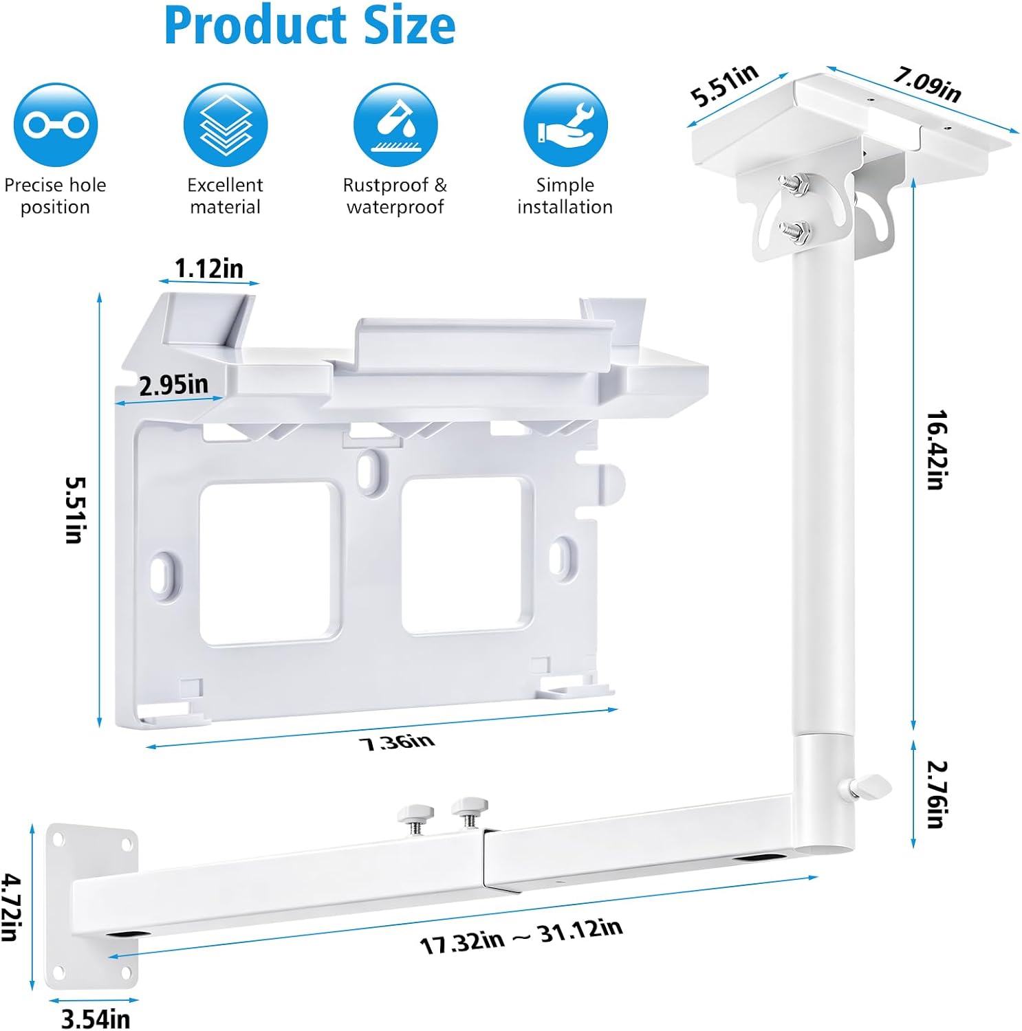Starlink Mount for Standard 4/4X/Gen 3 with 2-in-1 Router Mount 360° Adjustable Starlink Gen 3 Bracket Starlink Mast Holder with Starlink Gen 3 Pipe Adapter Starlink Long Wall Mount Kit White