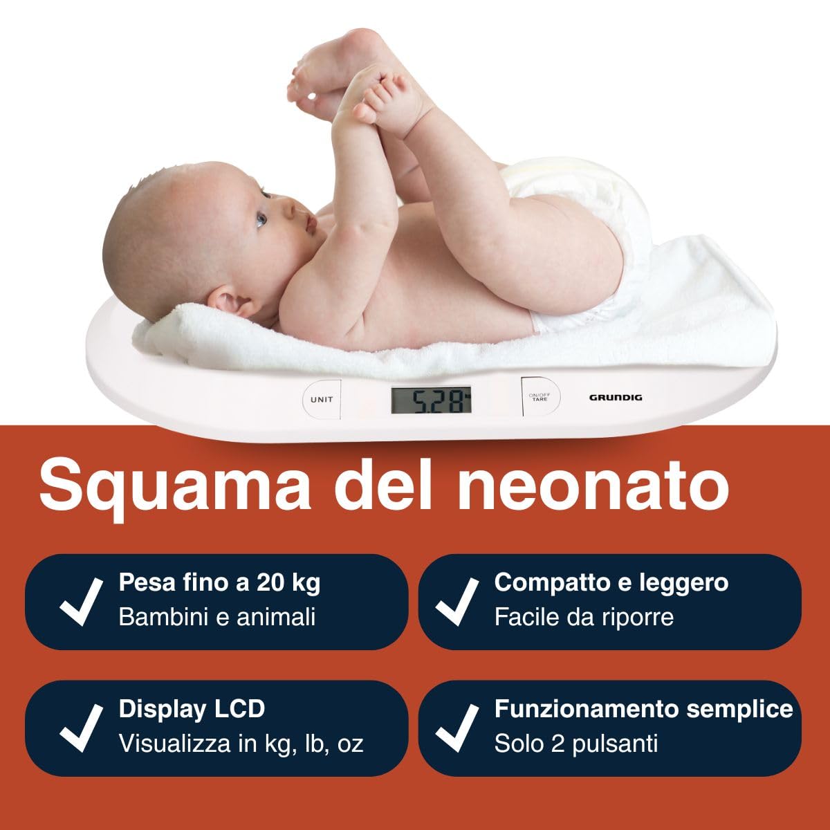 Grundig Bilancia Neonato Digitale - Precisione 10 Grammi - Max 20 Chili - Bilancia Pesapersone Digitale Funzione Tara - Neonato Accessori Utili Bilanciamo - Bianco