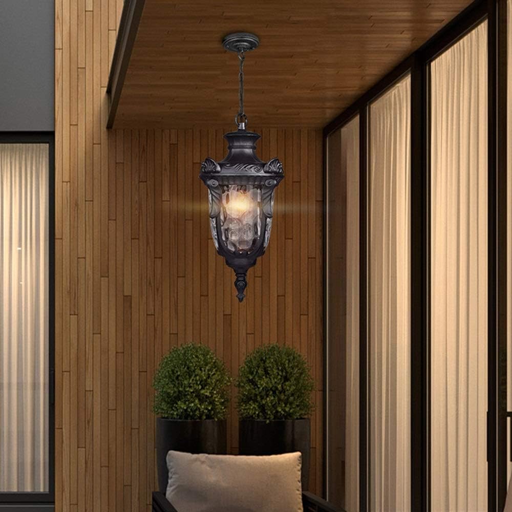 Ganeep European Waterproof Pendant Light Hanging Lamp - Outdoor Hanging Lantern, Chain Adjustable, Exterior Pendant Porch Light Aluminum Black/Brown Water Rippled Glass