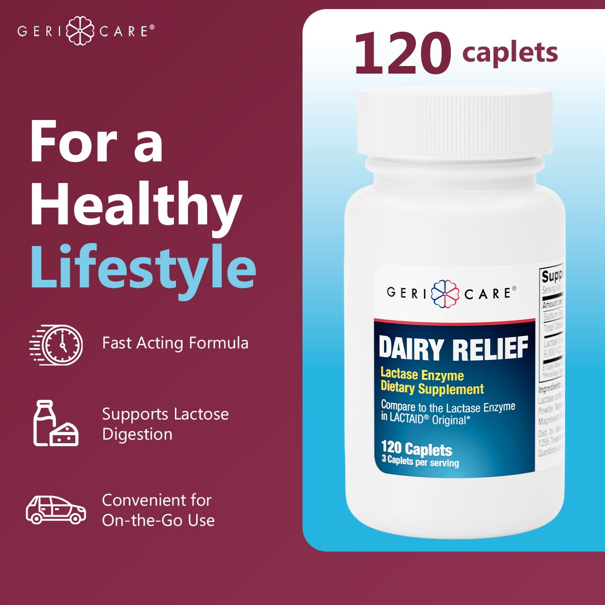 GeriCare Lactase Enzyme Dairy Relief Caplets – 3000 FCC Units, Digestive Enzyme Supplement for Dairy Products, for Better Lactose Digestion, Helps Prevent Gas, Bloating & Stomach Discomfort, 120 Count — Amazon image 2