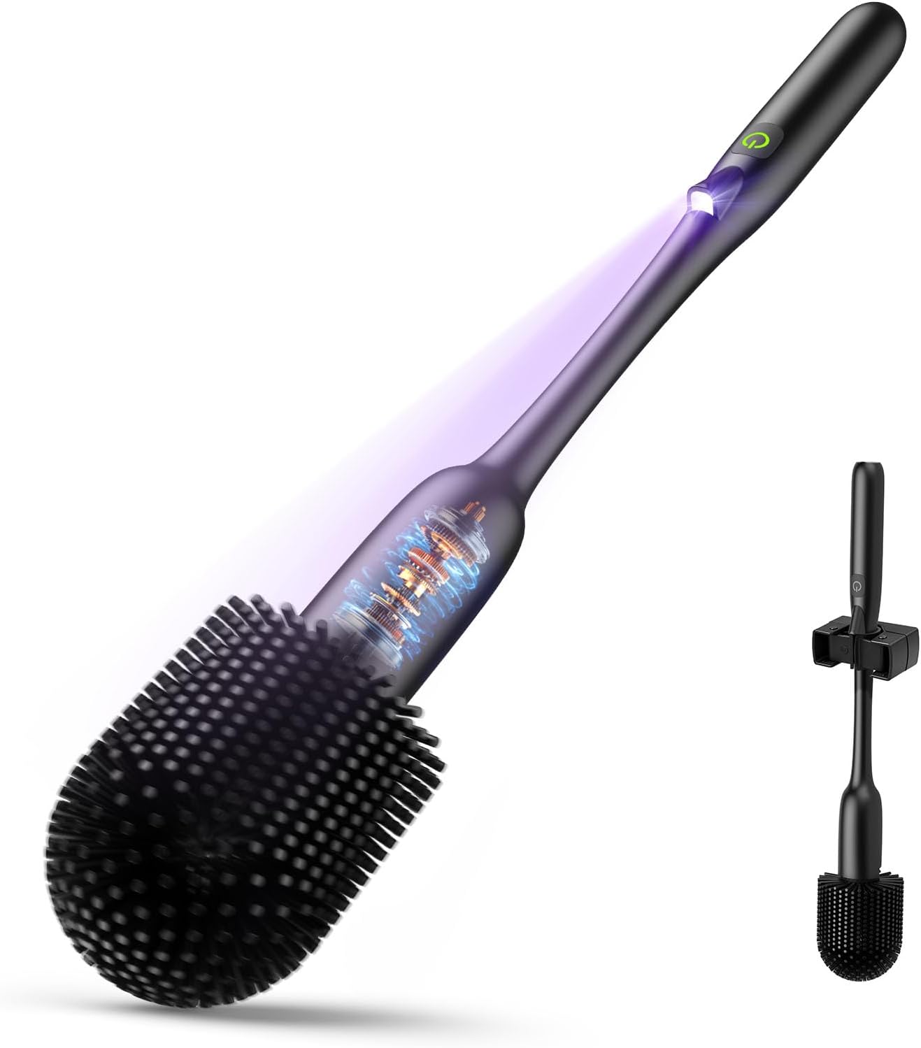 EKZ Electric Toilet Brush with UV Stain Detection, High-Torque Power, Dual-Speed (80/200 RPM), Splash-Resistant Silicone Scrubber Head, Hygienic Wall-Mount Holder, Type-C Rechargeable, Black