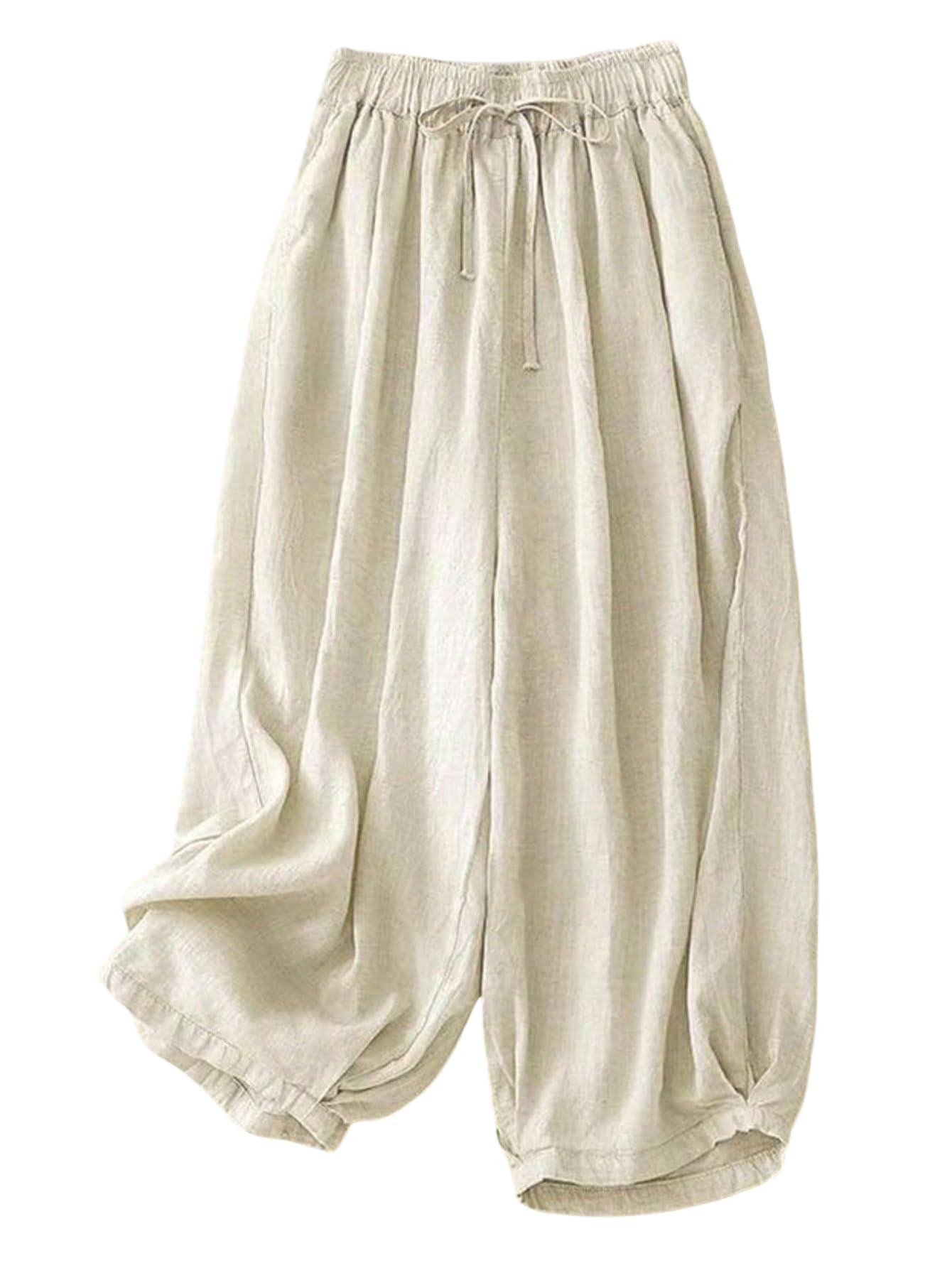 Womens Wide Leg Baggy Palazzo Linen Pants Drawstring Waist Casual Long Lantern Trousers