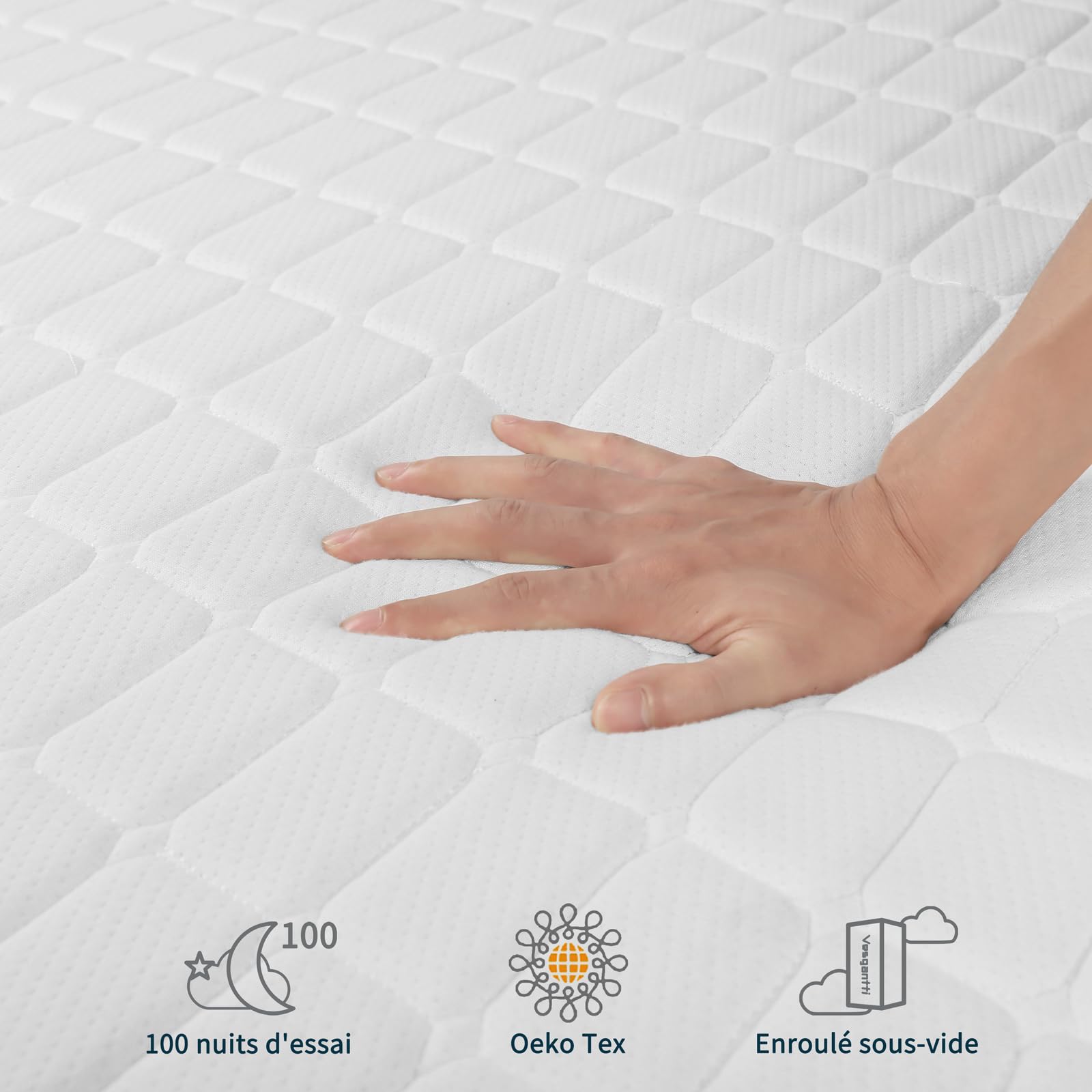 Vesgantti Matelas Mousse 90x190x16cm, Matelas en Mousse à Mémoire de Forme en Gel, Fermeté Moyenne, 7 Zones de Confort, Soutien Parfait, Oeko-Tex (Blanc)