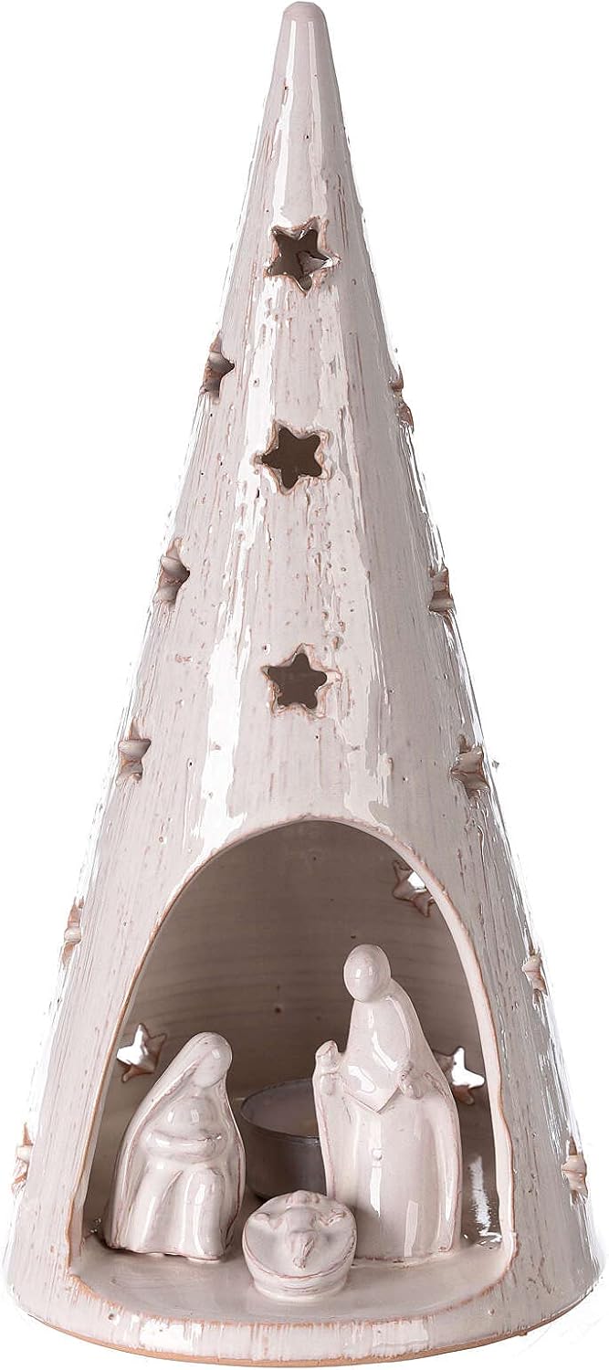 Christmas Tree Candle Holder with Nativity in Deruta Terracotta 25 cm