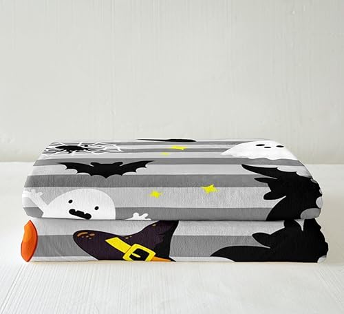 Miniatura 4 de Manfei Manta de Halloween de fantasmas, calabaza, farol, murciélago, araña, para decoración de habitación de niños, manta de rayas grises para sofá,