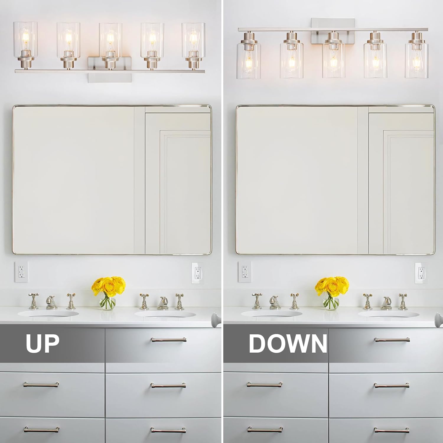 5 Light Bathroom Light Fixtures Brushed Nickel Vanity Light Over Mirror Modern Farmhouse Wall Lighting Sconces Wall Lamp for Bathroom, Bedroom, Living Room E26 Socket with Glass Shade