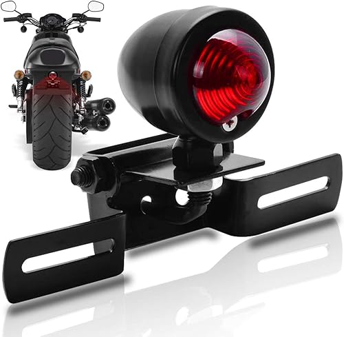 KATUR 1 pieza de luz trasera de motocicleta roja de 12 V con soporte para placa de matrícula, color negro, compatible con Harley Bobber Chopper