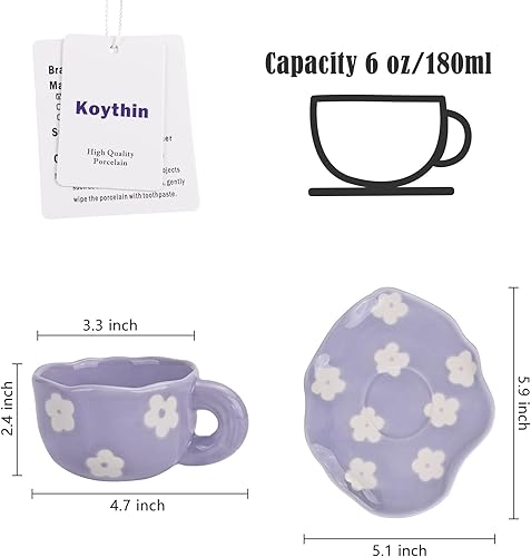 Miniatura 2 de Koythin Taza de café de cerámica con platillo, bonita taza creativa diseño único de platillo irregular para oficina y hogar, 6 oz6.1 fl oz para té