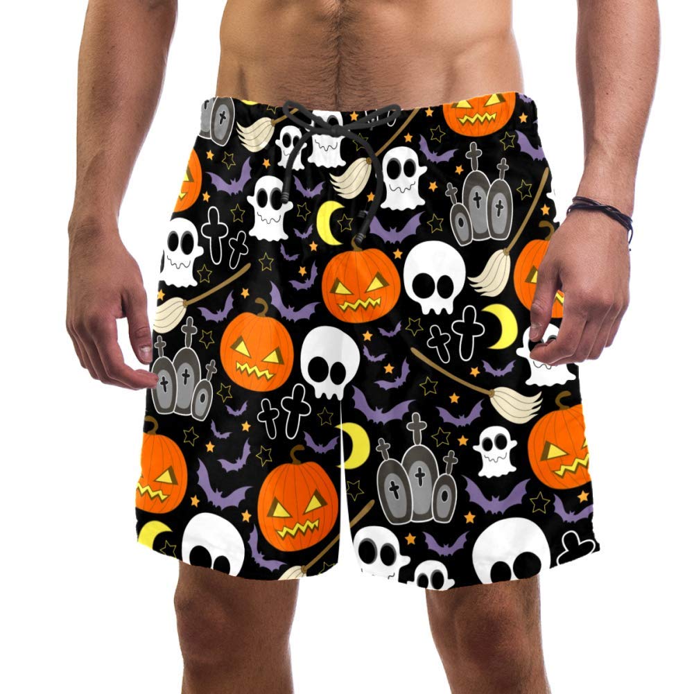Eslifey Man Beach Shorts Halloween Pumpkins and Skulls Swim Trunks Elastic Swimsuit Board Shorts for Men
